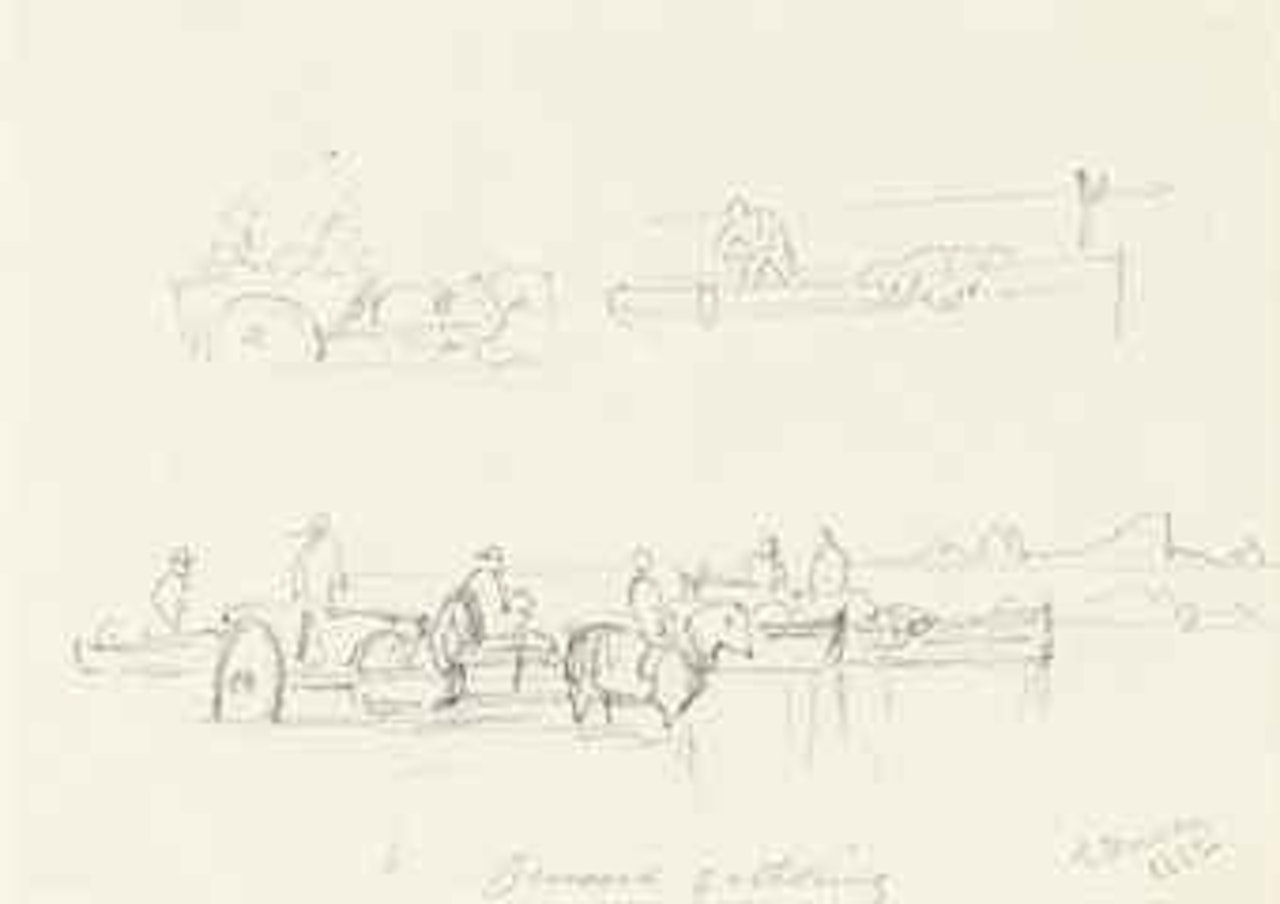 Sketches in Jersey and Guernsey, including: Carting seaweed; Seaweed gatherers; Bullock cart; Landing stage for boats; and Mooring with timber by Edward Duncan