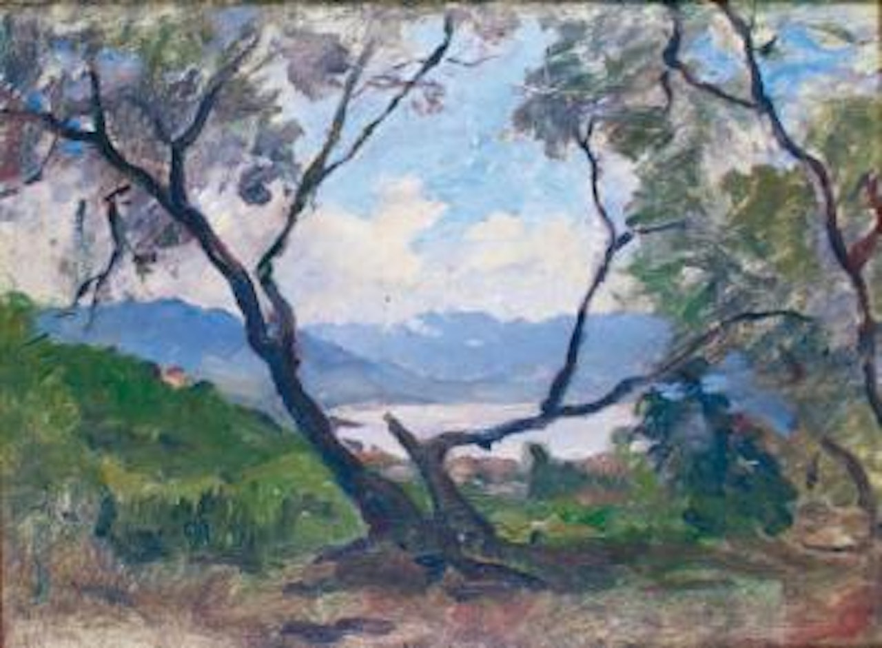 Vue d'un petit lac à travers les arbres by Henri Harpignies