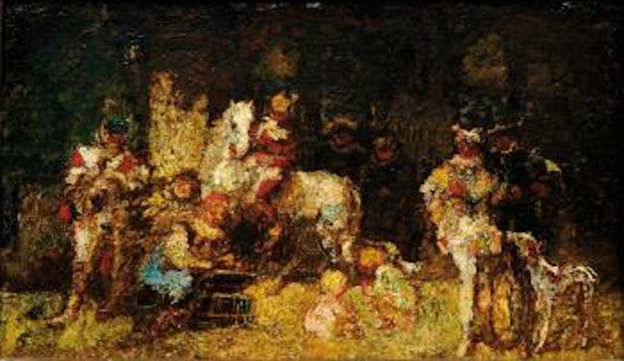 Cavaliers, chien et enfants dans un sous-bois by Adolphe Monticelli
