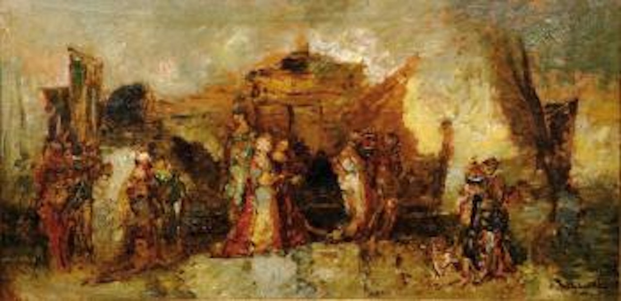 Femmes, hommes et chien devant un bateau by Adolphe Monticelli