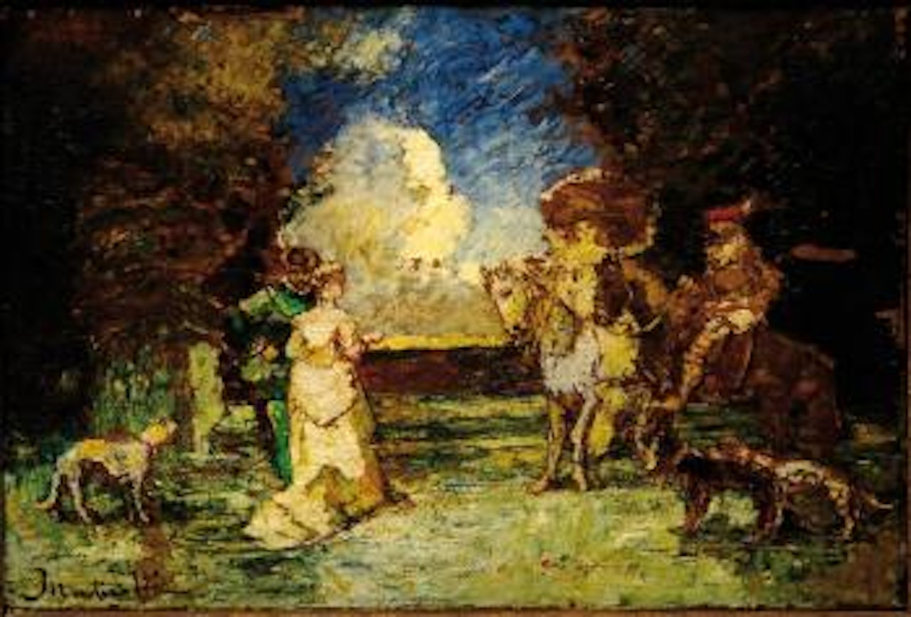 Couple de cavaliers parlant avec un couple à pied et chiens by Adolphe Monticelli