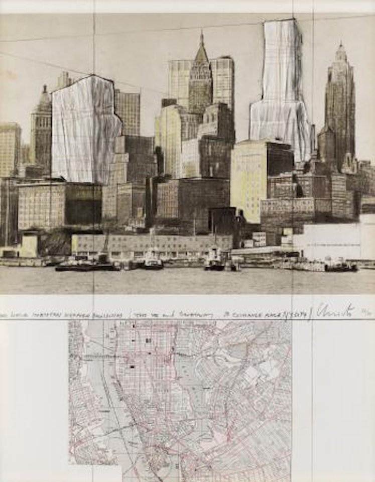 Two lower Manhattan wrapped buildings, Project for New York by Christo