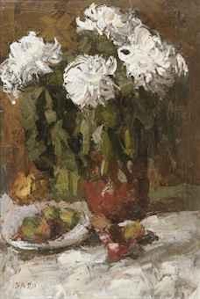 A still life with flowers and fruits by Sha Qi