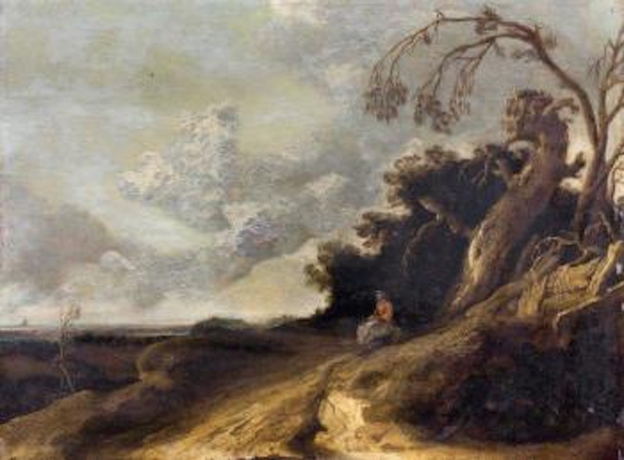 Paysage de campagne avec une villageoise assise au pied d'un arbre by Jacob Jacobsz van Geel