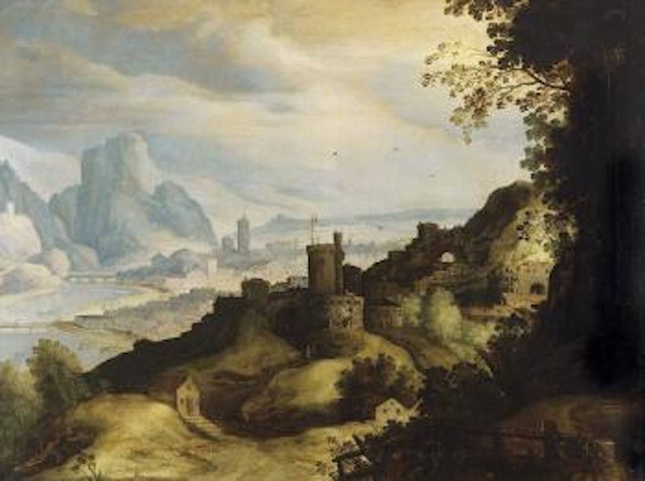 Rocky landscape with a town near a river by Paul Bril