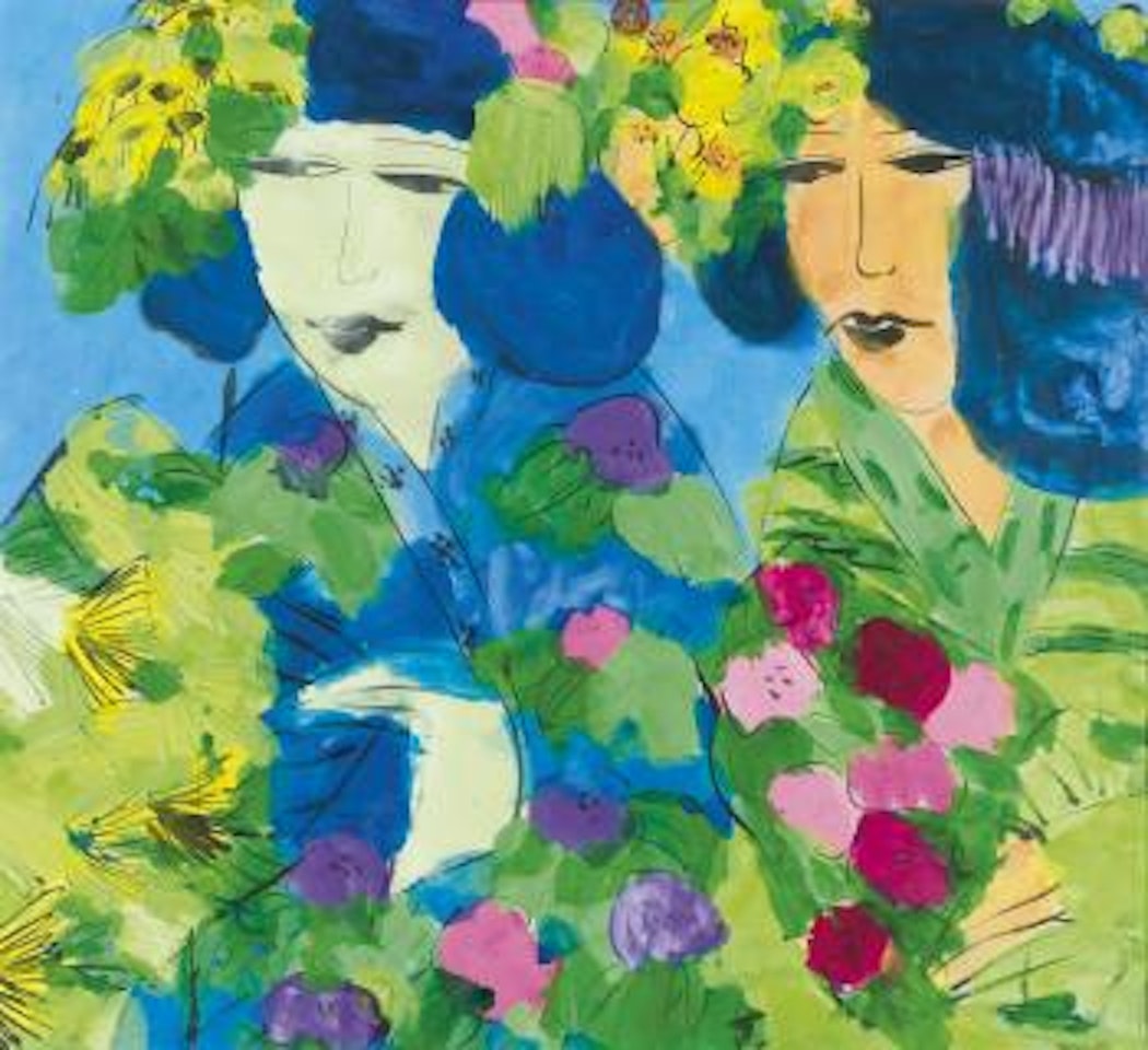Two ladies with fans by Walasse Ting