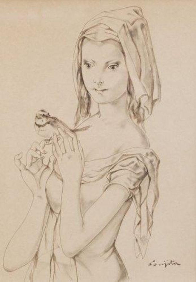 Jeune fille à l'oiseau by Leonard Tsuguharu Foujita