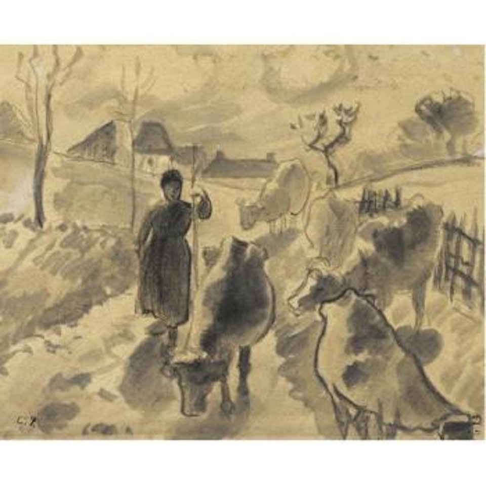 Girl Leading A Herd Of Cows Along A Road by Camille Pissarro