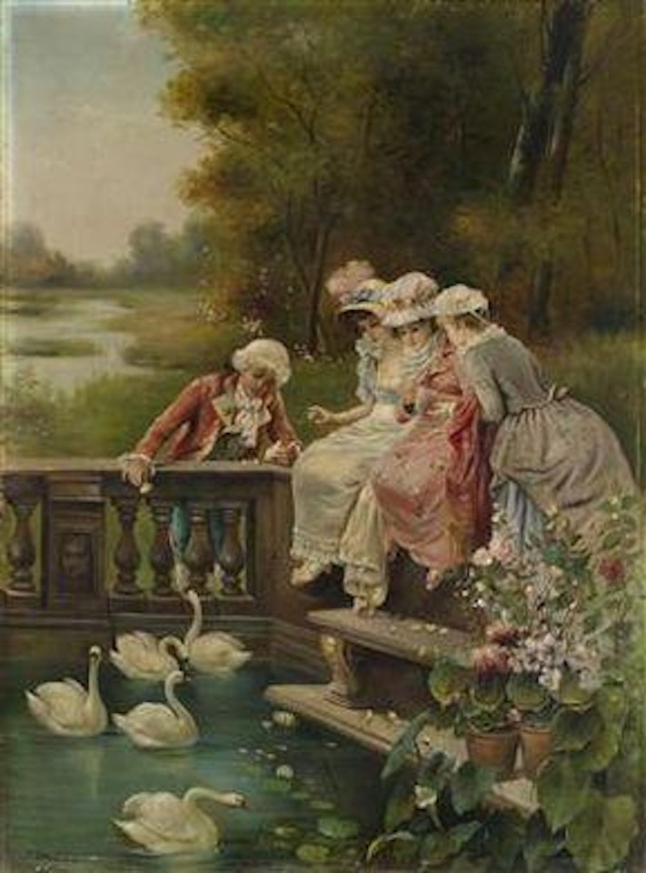 Three Young Ladies and a Gentleman in Rococo Costume Feeding the Swans in the Park by Hans Zatzka