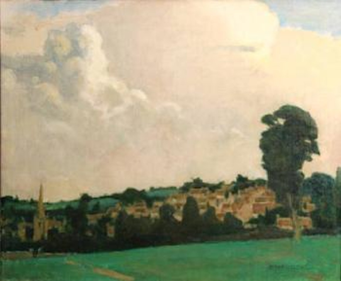 Village view from across a field by Norman Garstin