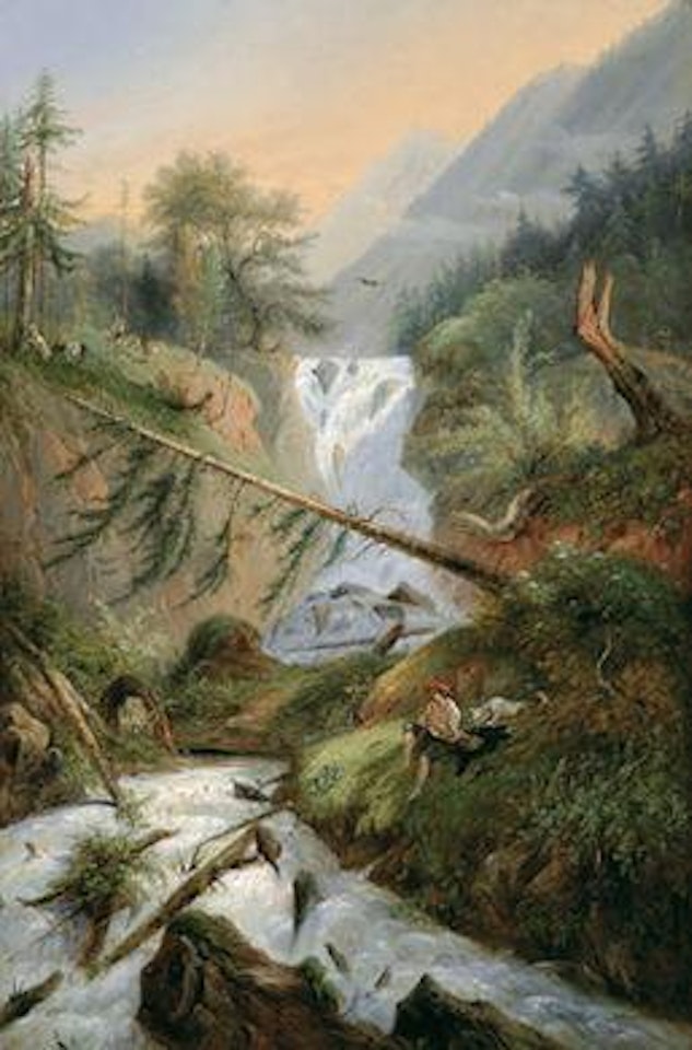 Shepherd resting by the waterfall by Alexandre Calame