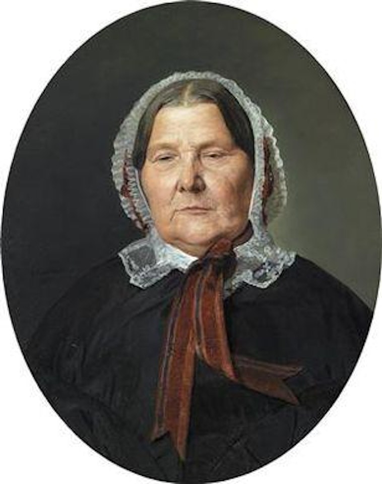 Old woman in black dress and white Ruched bonnet with red ribbons by Ferdinand Georg Waldmüller
