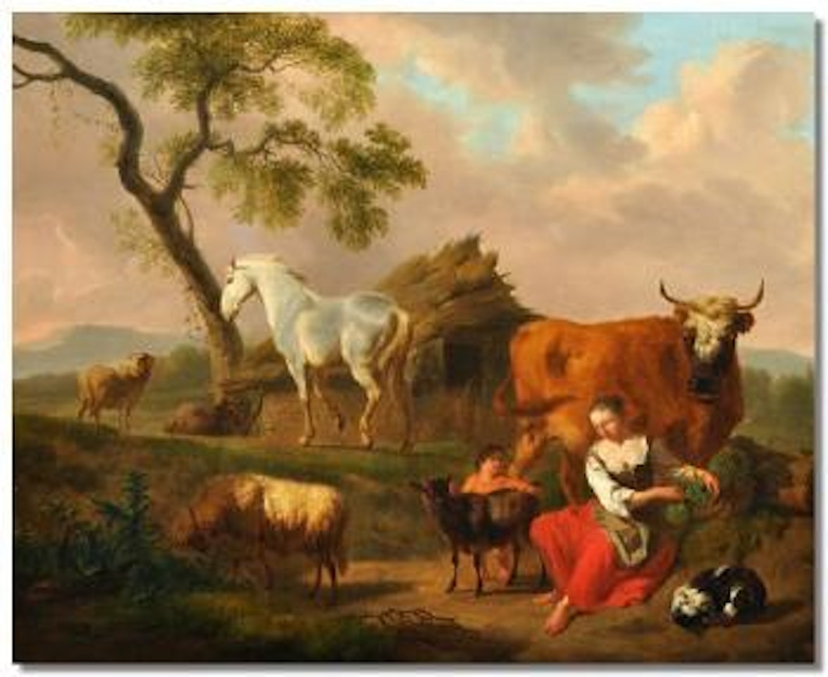 Woman and child with a dog, cow, horse, goat and sheep by Nicolaes Pietersz Berchem