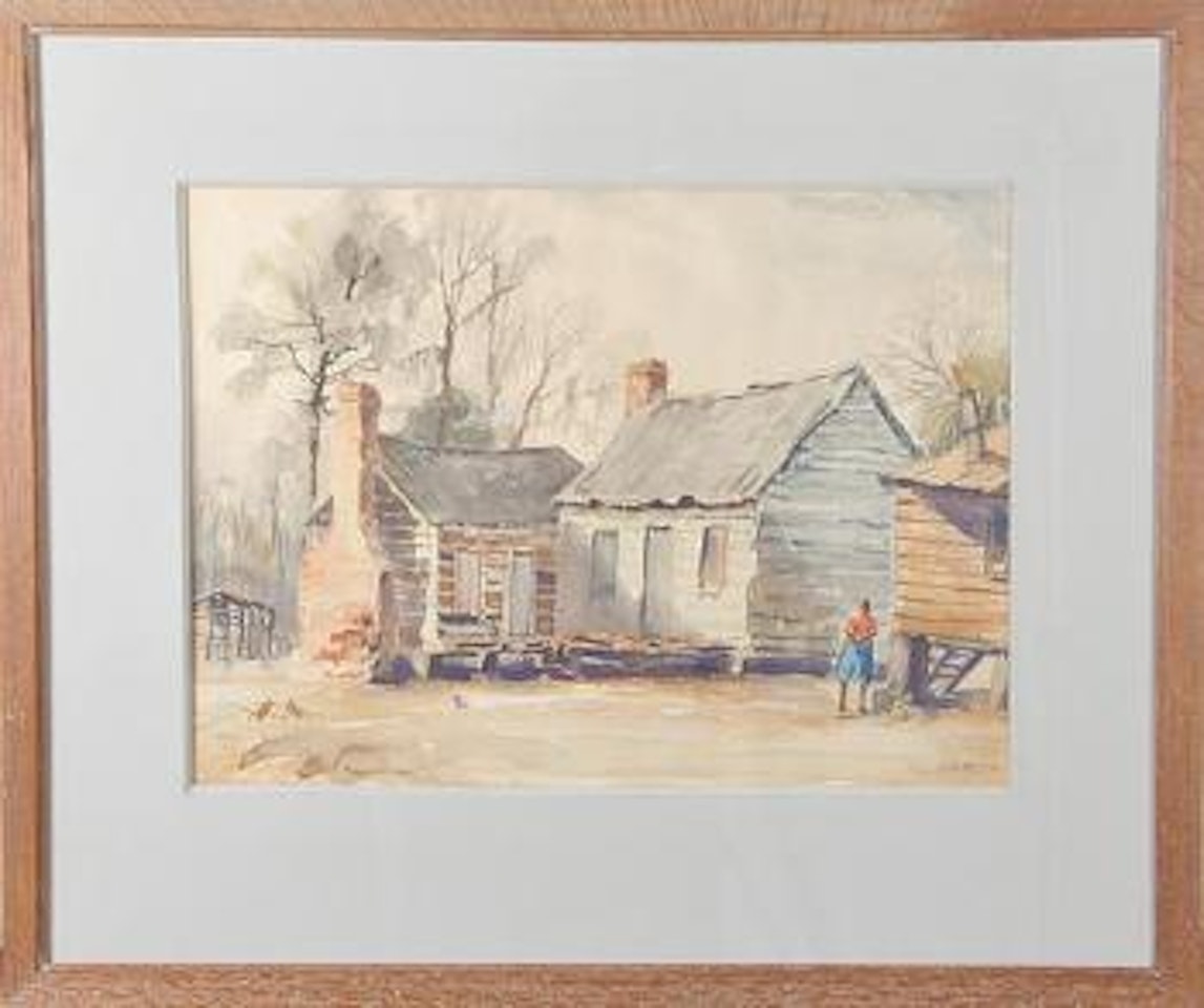 Low country cabin scene with figure by Alfred Hutty
