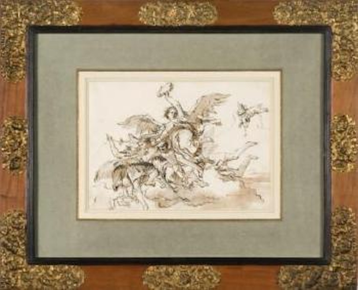 Ange tenant une couronne et putti dans les nuages by Giovanni Domenico Tiepolo