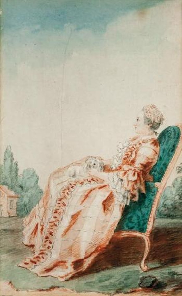 Portrait de femme au chien, assise de profil dans un paysage by Louis Carrogis Carmontelle