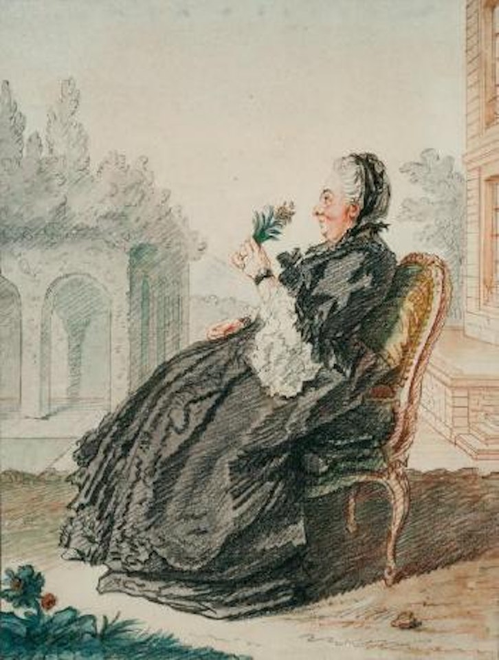 Portrait de Madame Rondet, assise dans un paysage, humant le parfum d'une fleur by Louis Carrogis Carmontelle