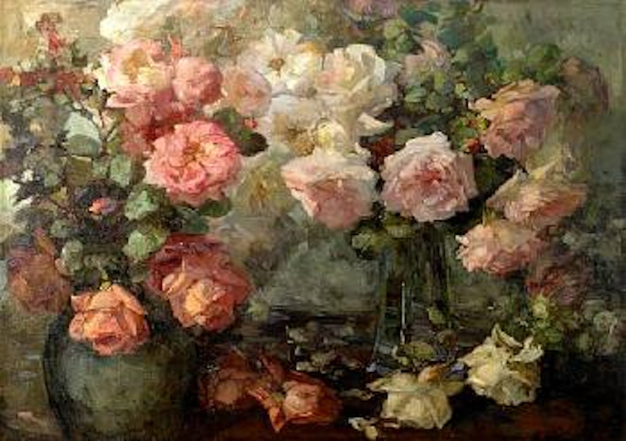 Pink and white roses in vases on a table by Franz A Bischoff