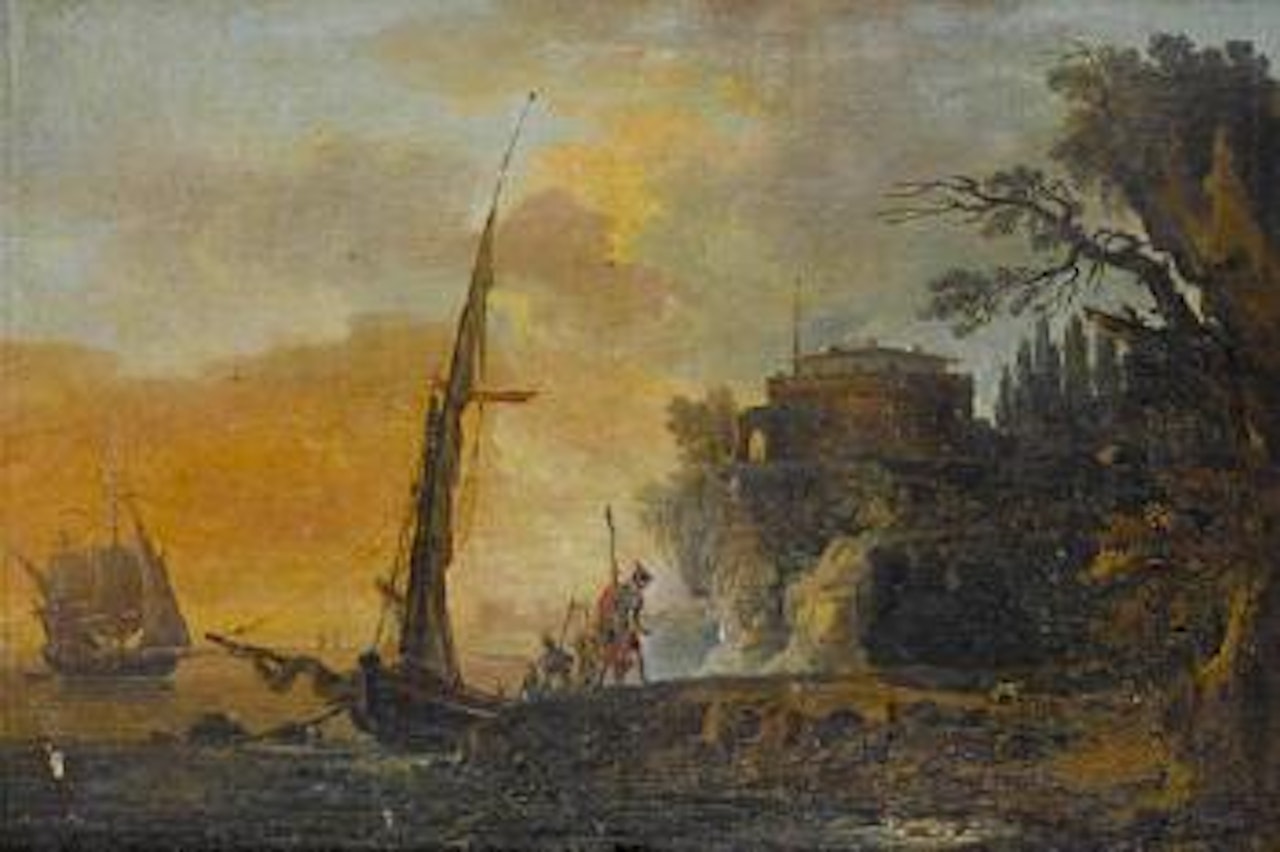 A Mediterranean coastal landscape with soldiers landing on rocks, a fort in the distance by Claude Joseph Vernet