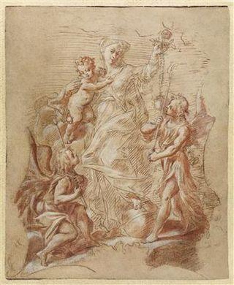 Madonna and Child holding a rosary, surrounded by angels by Girolamo Mazzola Bedoli