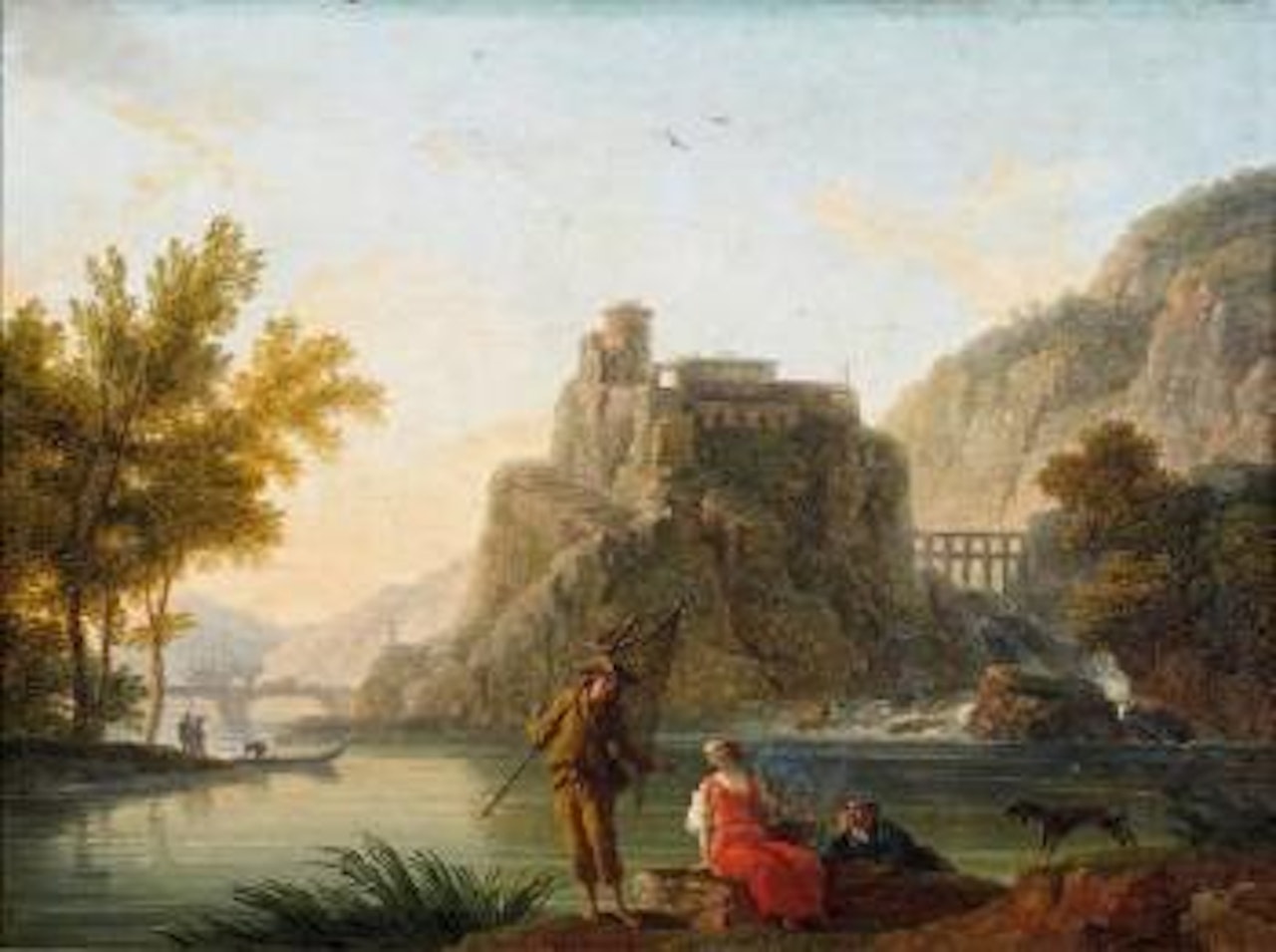 Pêcheur discutant avec deux femmes près d'une cascade by Claude Joseph Vernet