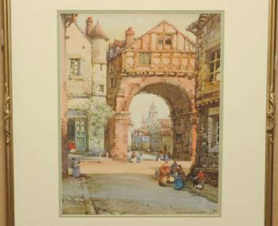 Figures in a street beside a town gateway by Noel Harry Leaver