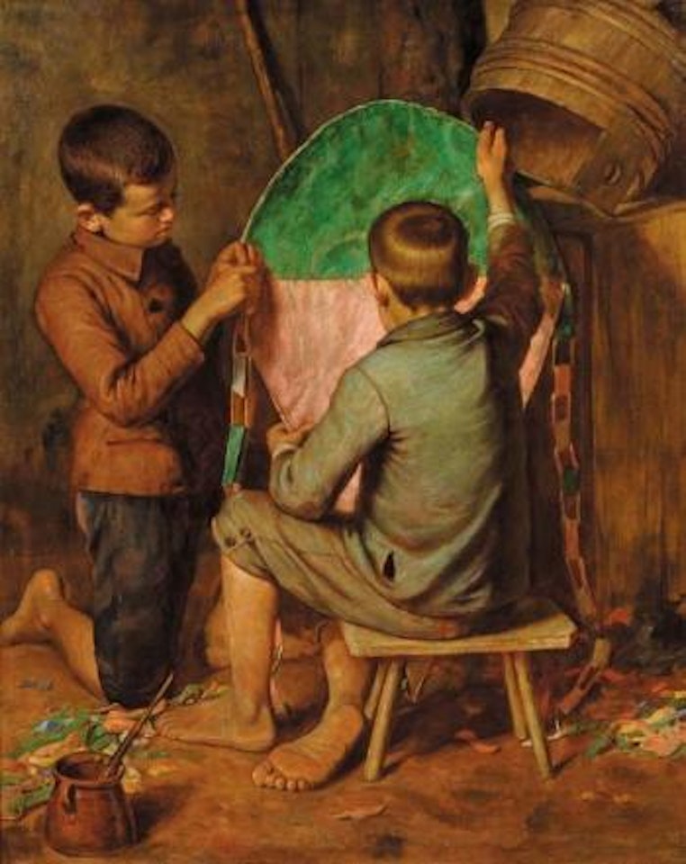 Bambini che costruiscono un aquilone by Luigi Bechi