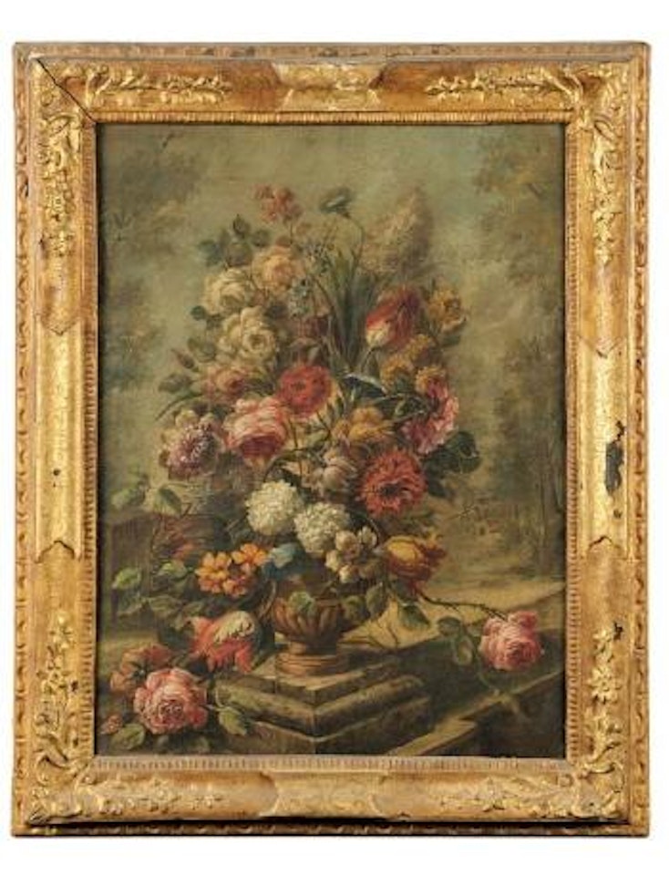 Vaso ricolmo di fiori su fondo di giardino by Gasparo Lopez