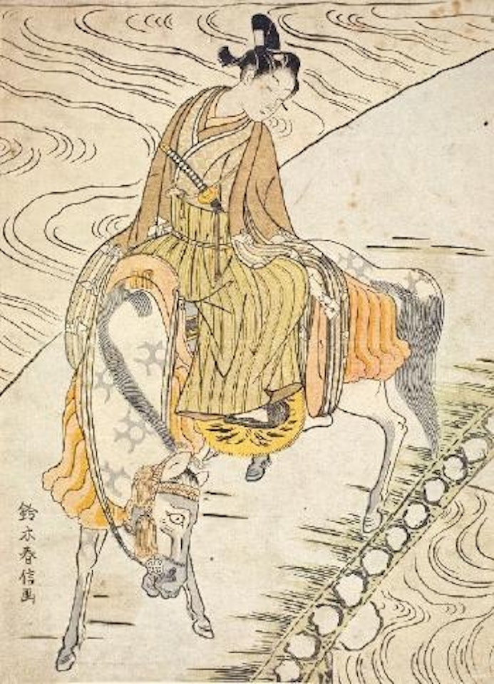 Chûban. Mitate-e. Ein junger Mann mit einem Schwert im Gürtel und einem Liebesbrief in der Hand zu Pferd auf einer Brücke by Suzuki Harunobu