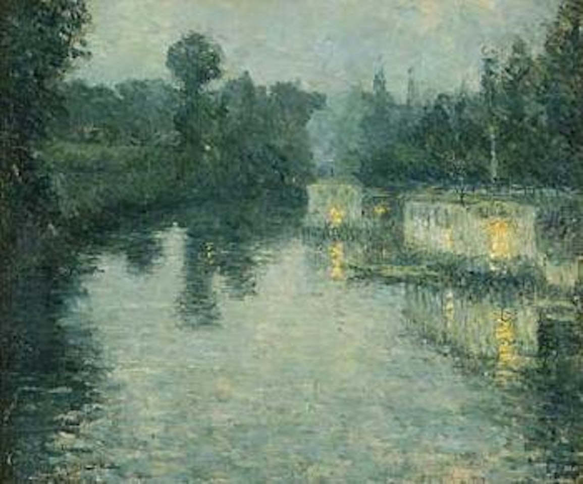 Abend über Hausbooten am Fluss by Henri Jean Guillaume Martin