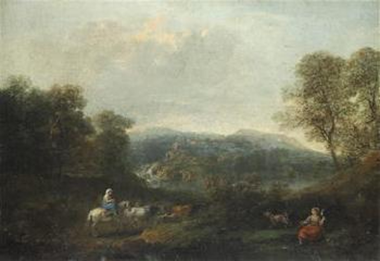 Landscape with figures and animals. Young woman, girl and horseman in a landscape by Francesco Zuccarelli