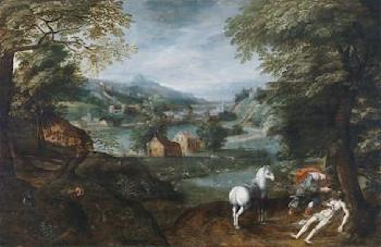 The Good Samaritan in a wide landscape by Adriaen van Stalbemt