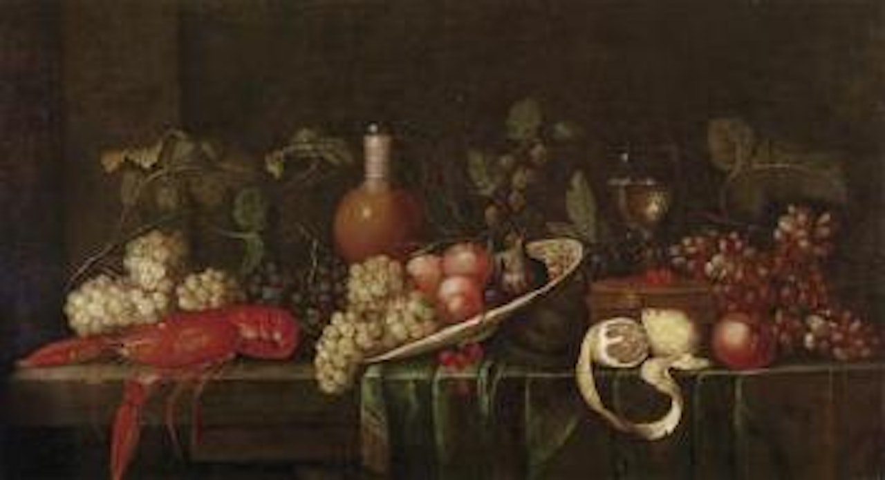 Large still life with flowers with a cooked lobster, a filled Römer and a stone jug by Jan Pauwel Gillemans