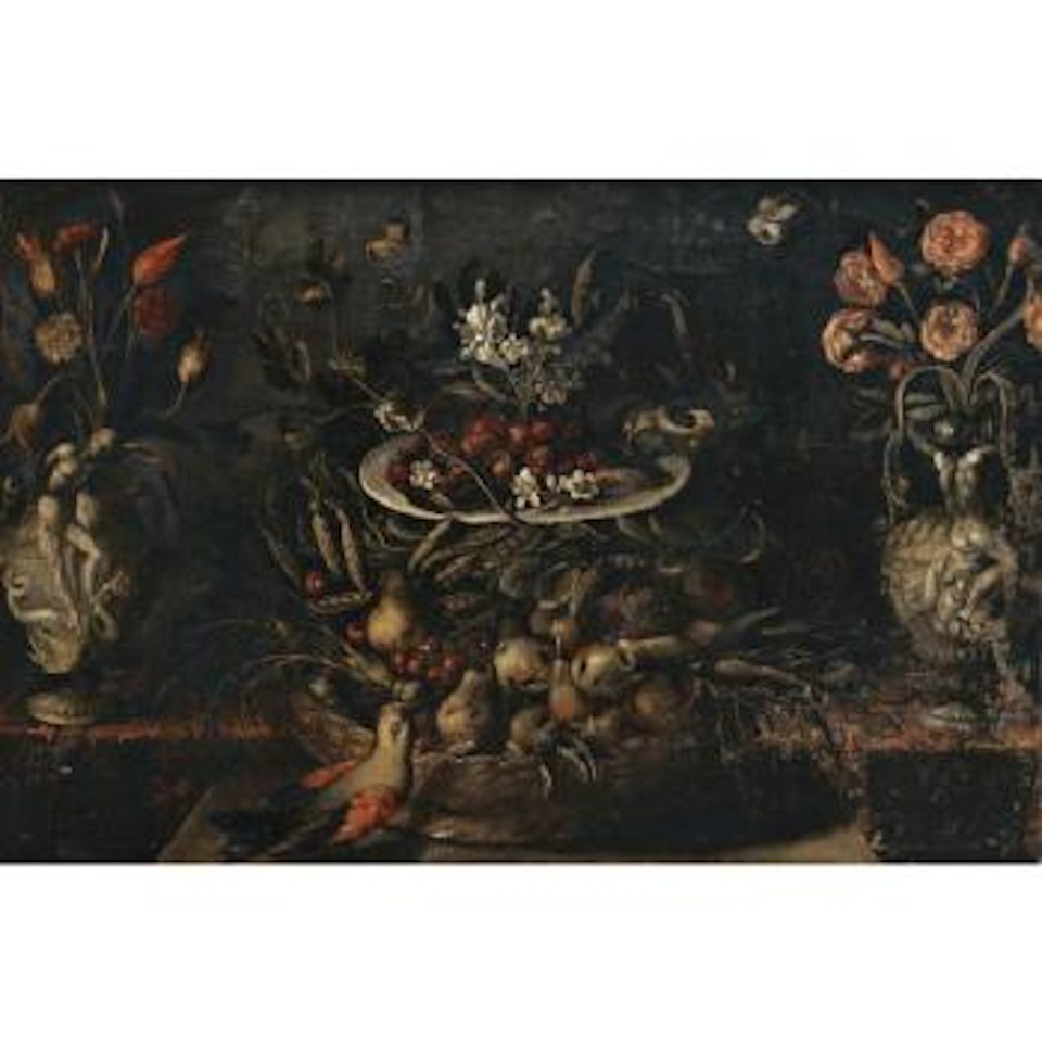 A Still Life With Flowers In Sculpted Stone Urns, Strawberries And Flowers On Plate, Apples, Pears And Cherries In Basket, Two Birds by Spanish School