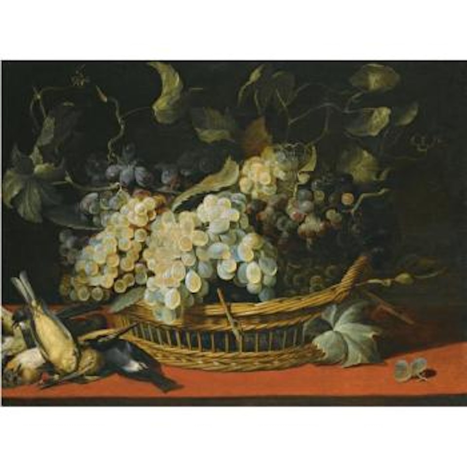 A Still Life With Black And White Grapes In A Basket With A Kingfisher And Other Dead Birds On A Ledge by Frans Snyders
