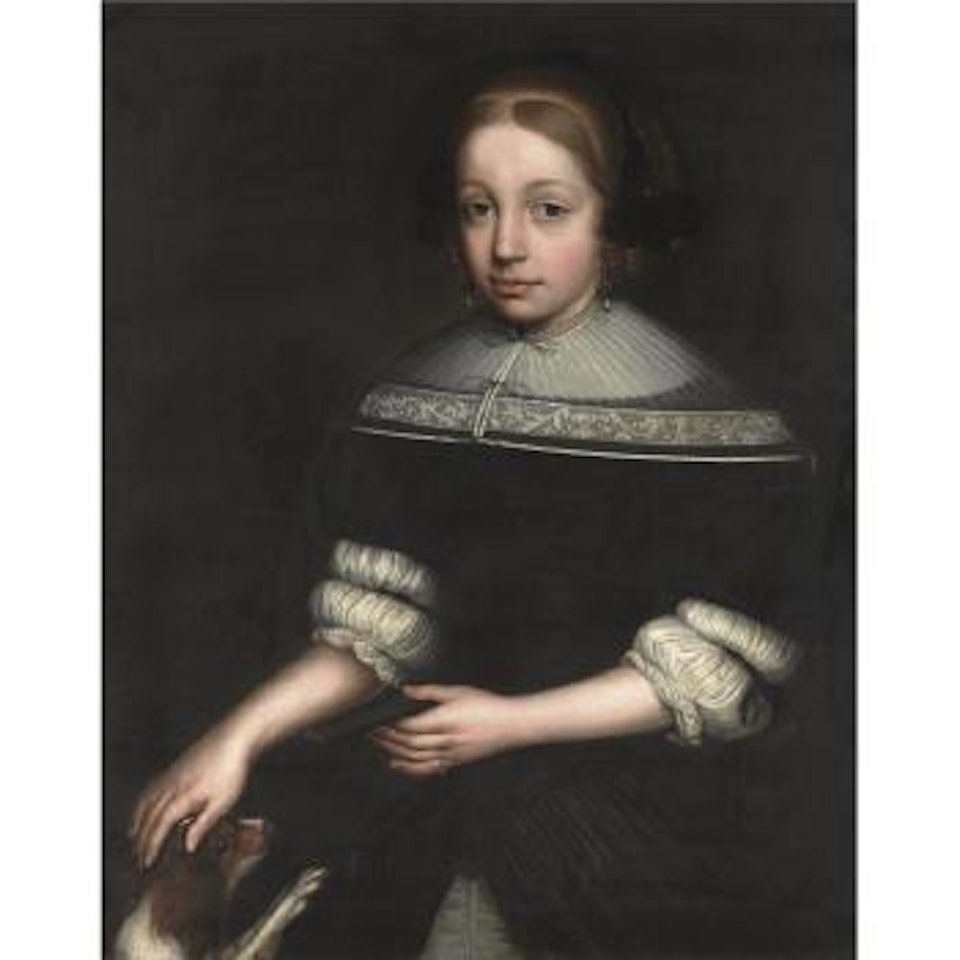 Portrait Of A Girl In A Black Dress, Half-length, With A Dog by Dutch School