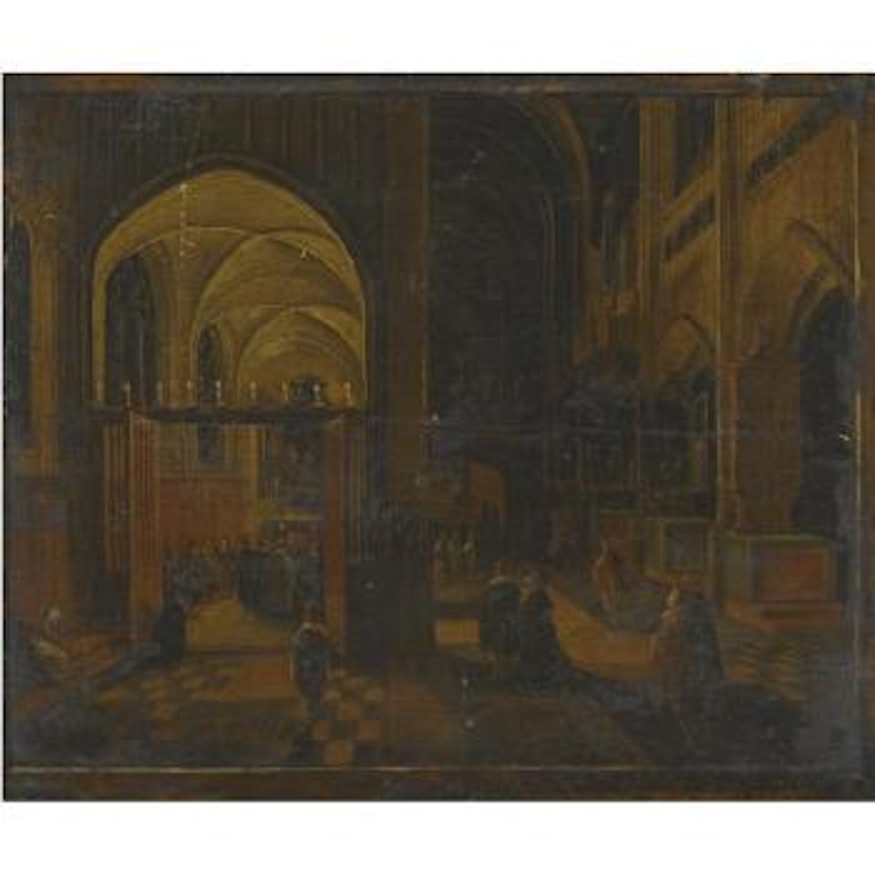 Interior Of A Gothic Cathedral At Night With A Mass Being Celebrated In A Side Chapel by Hendrik van Steenwyck the Younger