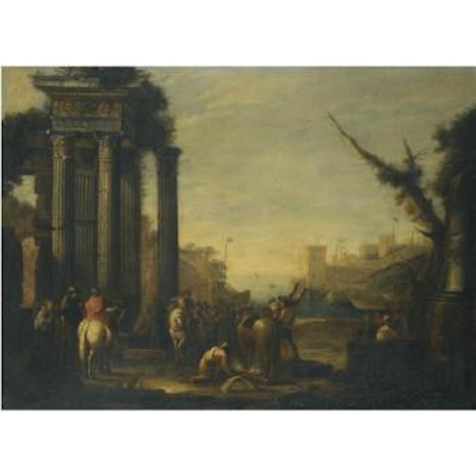 An Architectural Capriccio With Phalari Ordering Perilaus Into The Brazen Bull by Giovanni Ghisolfi