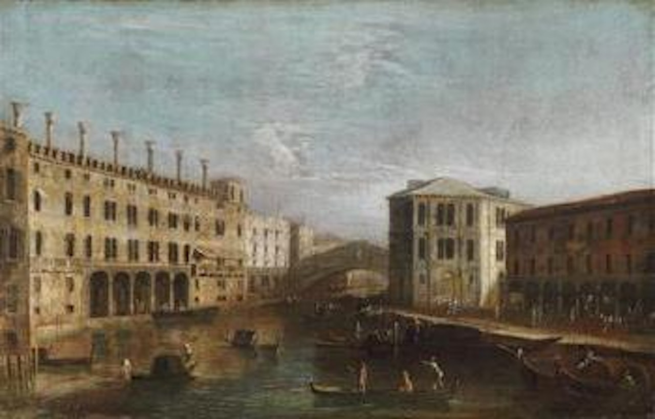 Venetian veduta with a view of the Canal Grande, the fishmarket, the Palazzo dei Camerlenghi by Apollonio Domenichini