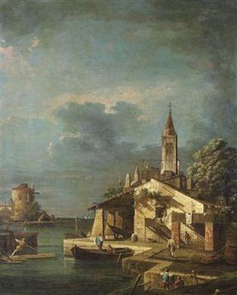 A capriccio with a house and tower on the lagoon by Canaletto