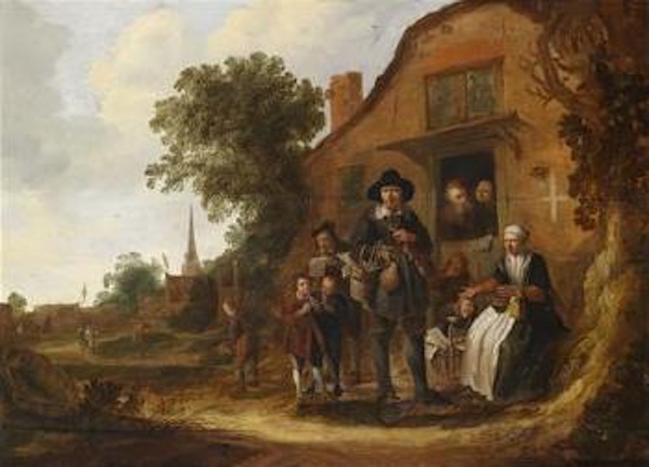 A music seller in front of a farmhouse by Jan Miense Molenaer
