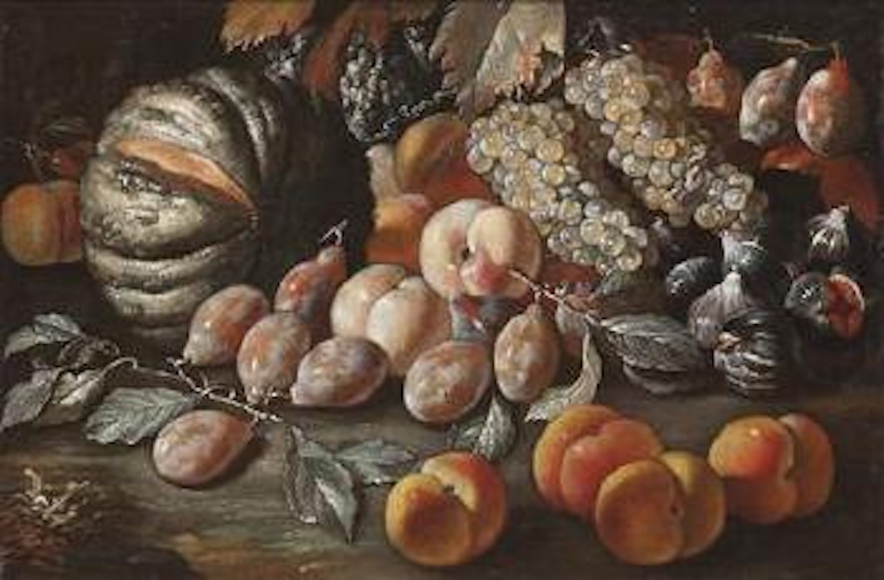 Fruit still life with peaches, pumpkin, grapes and dates by Neapolitan School