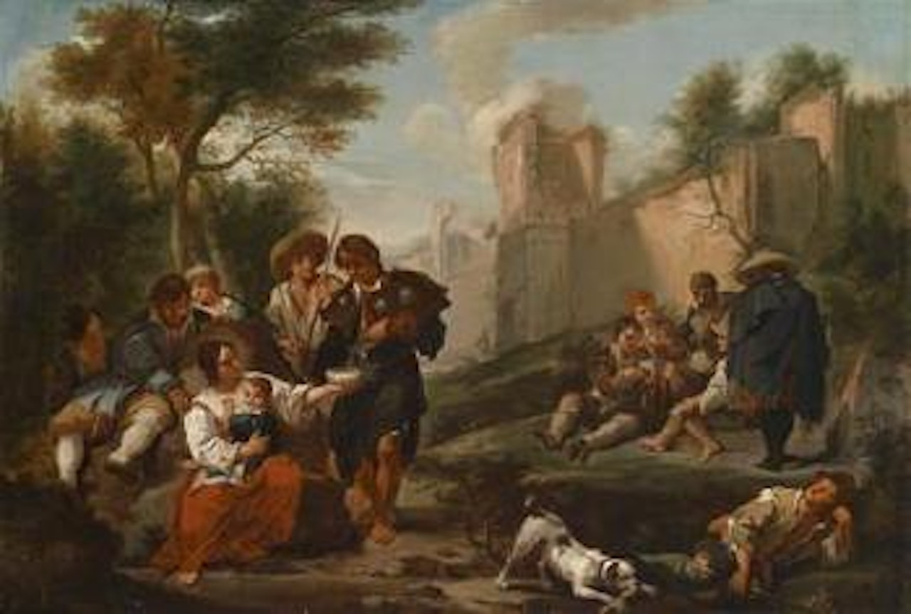 Peasants resting outside the walls of a ruined city by Theodor Helmbreker