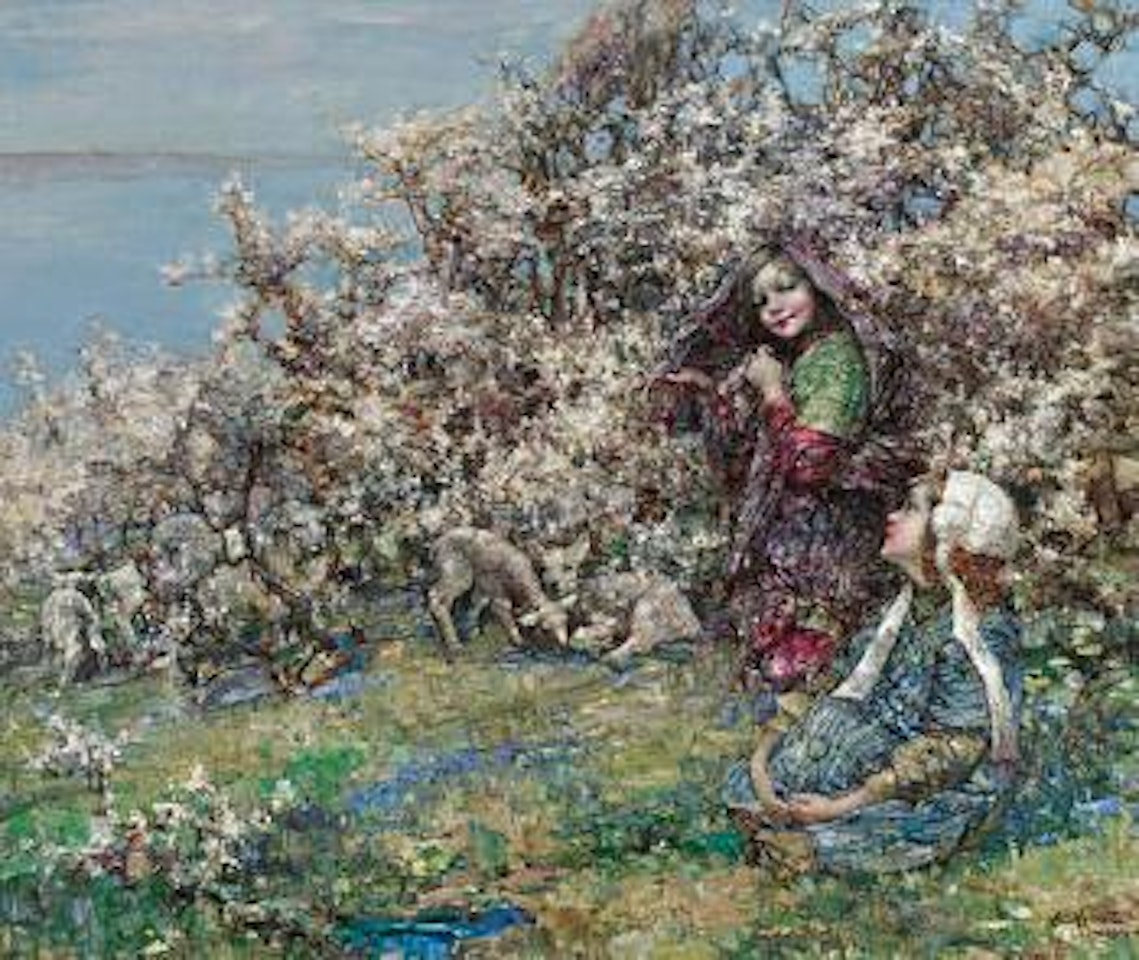 Lambs and blossom by Edward Atkinson Hornel