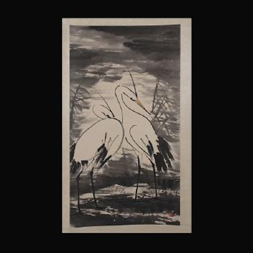 Two egrets by water grass by Lin Fengmian