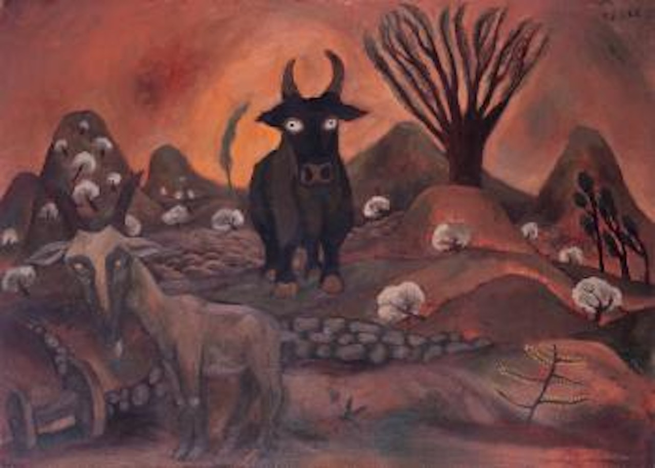 A black cow and a white goat in the spring by Mao Xuhui