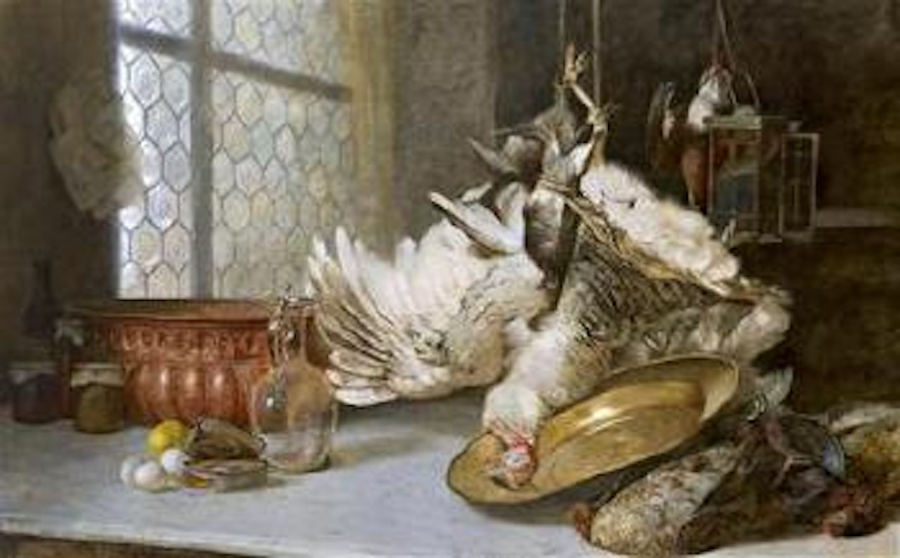 Still life with poultry, brass bowl and copper kettle by Carl Moll