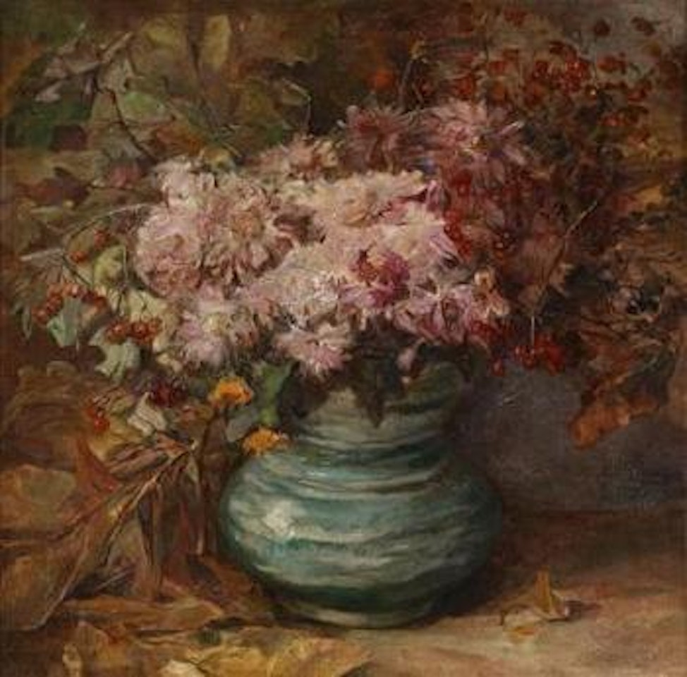 Bouquet of flowers with chrysanthemums and marigolds in a vase by Olga Wisinger-Florian