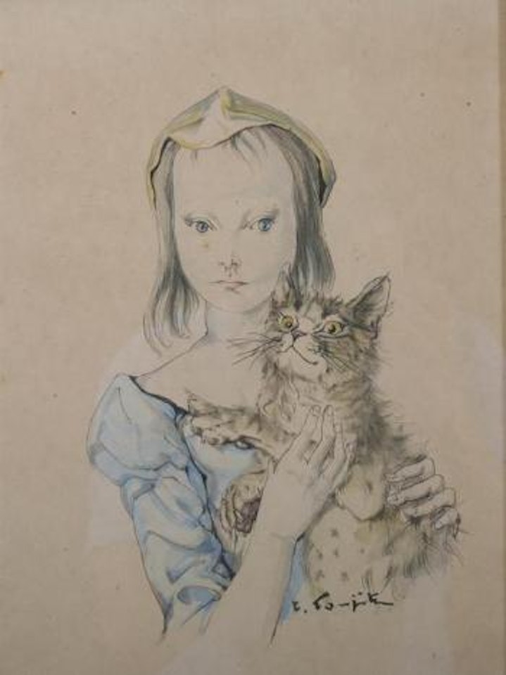 Girl with kitten by Leonard Tsuguharu Foujita