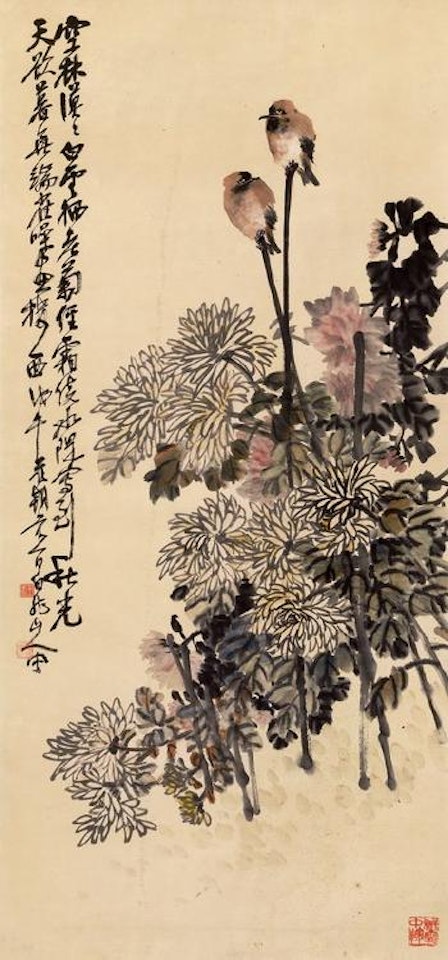 Thrushes and chrysanthemum by Wang Zhen